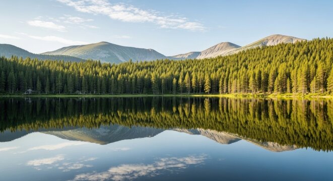 A serene mountain lake with a forested shoreline and a clear reflection in the water. - Powered by Adobe