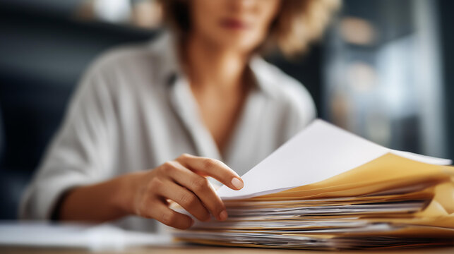 Businesswoman working with large pile defocused paperwork searching, faceless busy workload, document visualization detail, blurred desk background, unfinished concept, financial i