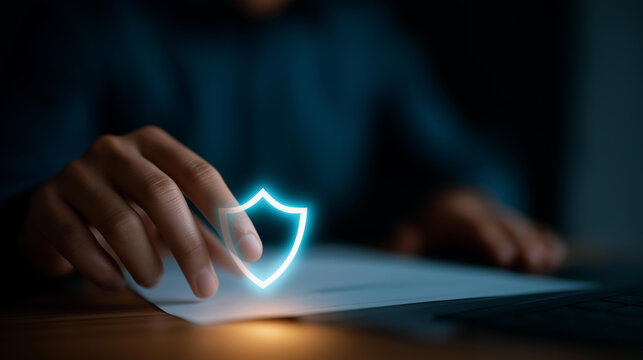 Digital security data protection concept defocused glowing shield, faceless neon document, laptop visualization detail, blurred protection background, security concept, digital int - Powered by Adobe