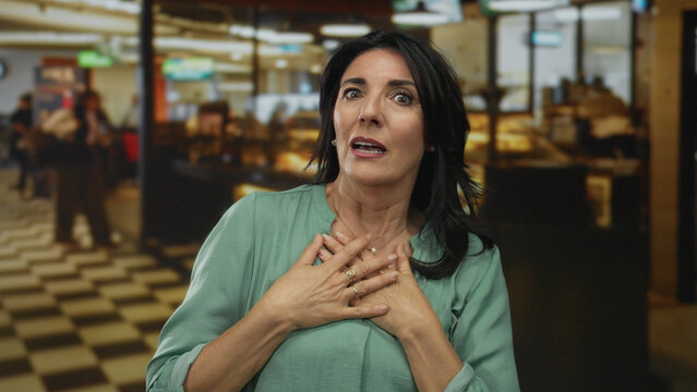 Woman shielding her face with ringed hands in restaurant interior wearing green blouse over checkered floor; rejection.