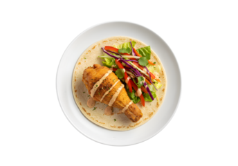 A white plate featuring a tortilla filled with fried chicken and veggies, seen from above on a white background.

