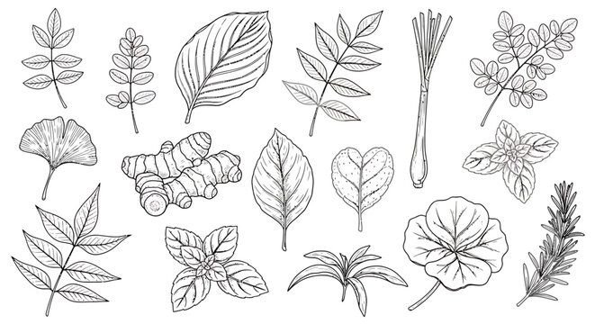 Botanical Line Art - Assorted Herbs and Leaves Illustration.