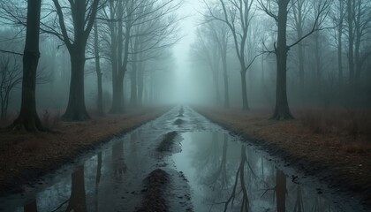 Foggy forest road with puddles. Bare trees line dirt pathway. Misty atmosphere with reflections on wet ground. Calm and serene natural scenery.