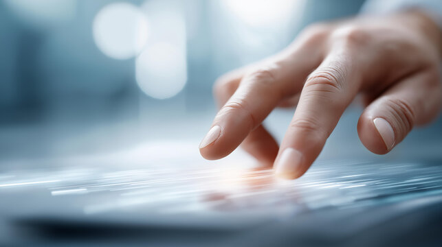 Hand pressing virtual screen AI defocused document search, faceless technology activation, artificial intelligence visualization, blurred smart background, data concept, analysis i