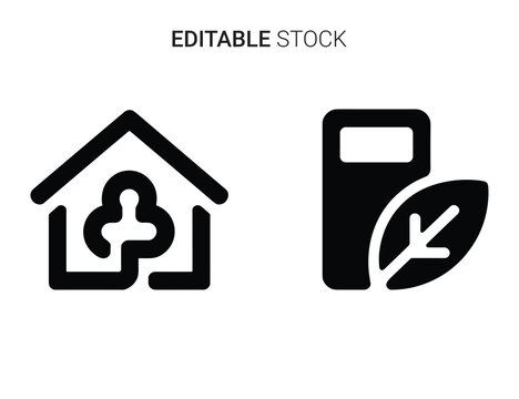 Smart home security and green energy fuel pump icon set for modern living.