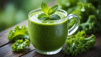 Healthy green smoothie with kale and mint on rustic wooden table.