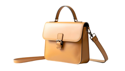 Tan leather handbag with flap closure and shoulder strap