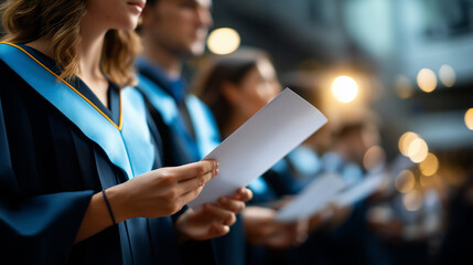 Faceless graduates in traditional academic mantle defocused solemn ceremony background university degree awarding diploma presentation academic achievement graduation