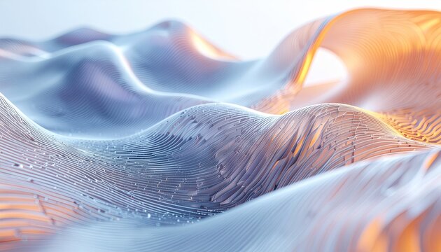 Abstract 3D Rendered Wavy Surface Composed of Tiny Cubes and Particles with Warm Golden Orange Light on Ripples