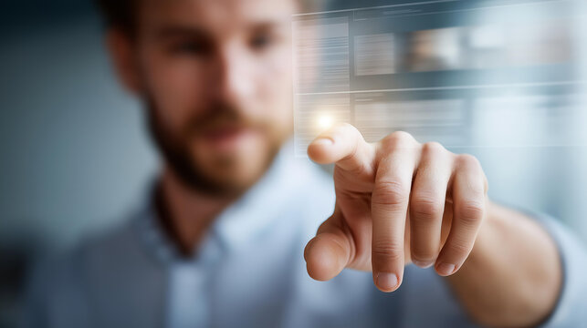 Interactive digital document exploration defocused touch screen, faceless technology engagement, content visualization detail, blurred navigation background, seamless concept, digi