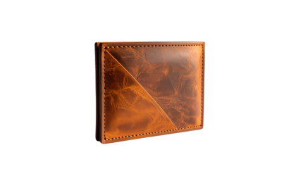 Brown leather wallet, weathered finish, angled panels, stitched edge