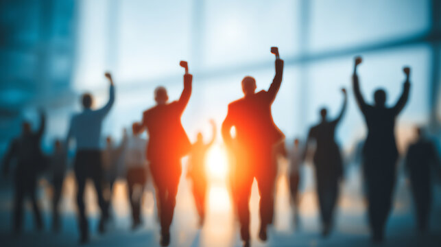 Business professionals celebrating success with raised hands, showcasing teamwork and achievement in a modern corporate environment. - Powered by Adobe
