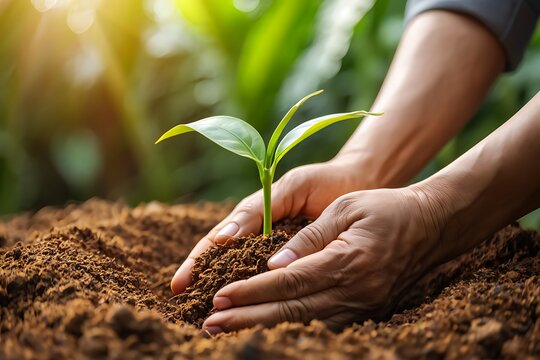 Hands nurturing a young green plant in rich soil under sunlight.