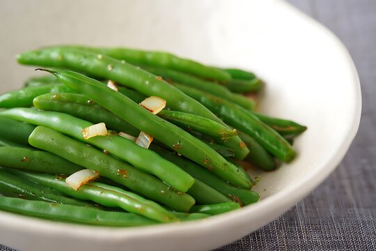 Sautéed green beans with onions in a white bowl, healthy meal