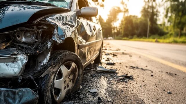 Accident aftermath: A mangled vehicle sits roadside, the remnants of a collision starkly contrasting the serene surroundings of lush trees and a sunlit road.