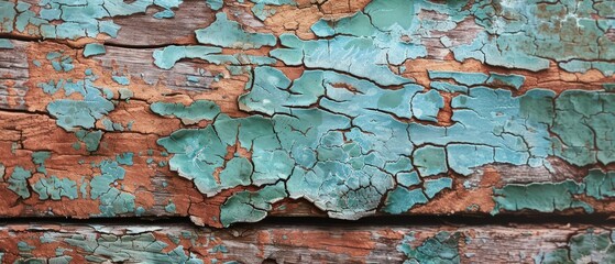 Close-up of weathered wood with cracked turquoise paint, revealing natural textures and rustic decay in earthy tones.