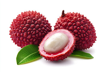 Lychee fruit composition showing split fruit and leaves on white background with tropical summer taste for fresh nutrition concept