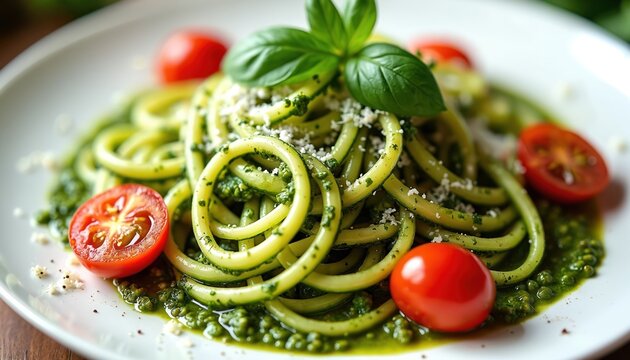Healthy zucchini pasta with fresh pesto sauce and ripe cherry tomatoes served on white plate. This vibrant dish uses fresh basil garnish for flavor and appeals to health conscious diners.