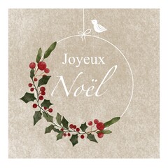 Fototapeta premium Merry Christmas greeting card. Joyeux Noël. Soft colours, wreath