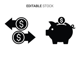 Financial transaction and savings icons, money flow with piggy bank and dollar symbols