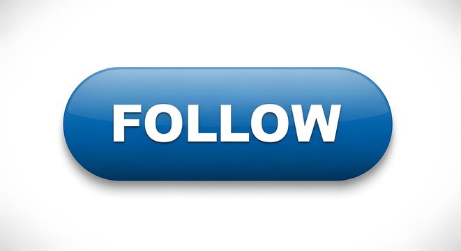 A blue follow button with a glossy finish, casting a soft shadow on an isolated on white background, inviting users to connect and engage with online content