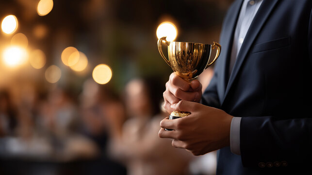 Faceless elegant man in suit holding trophy defocused cheering audience background award ceremony celebration business achievement corporate recognition success moment victor