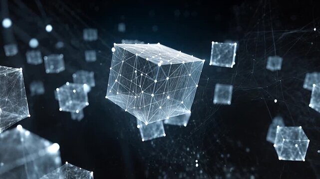 Futuristic network digital cube data visualization abstract geometry blockchain concept 3D render glowing nodes mesh structure technology background cyber grid analysis innovation wireframe points