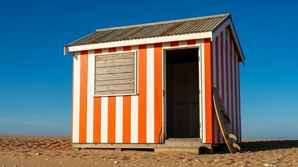 Striking Beach Hut with Orange and White Stripes Against a Clear Blue Sky.