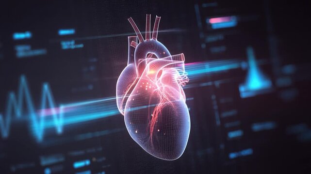 Holographic heart digital anatomy cardiology medical technology heartbeat pulse waveform healthcare diagnostics 3D render futuristic glow hologram interface data graph neon grid precision calm focus - Powered by Adobe