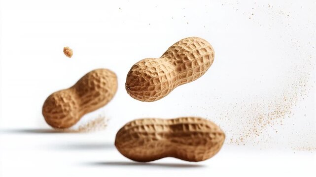 Crisp peanut shell dry nut brown texture flying peanut food splash snack closeup white background motion dust burst capture energy texture crunchy shells golden tones macro legume protein natural