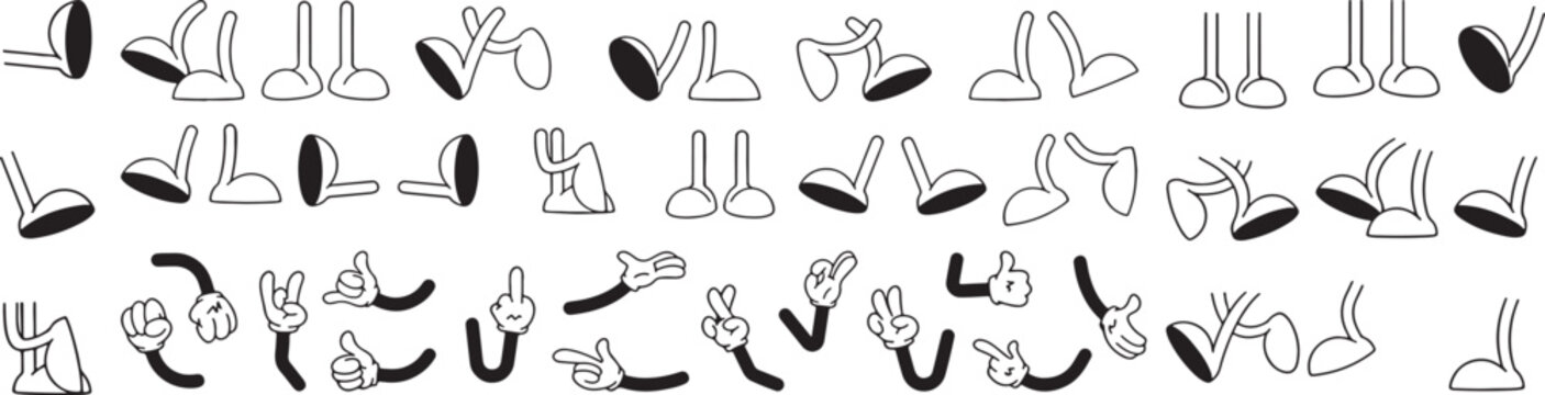 Retro cartoon legs and hands, Hands with gloves and feet with boots, various poses for characters, a set of poses, gestures, placement of hands and feet. Mascot character set. Cartoon set of limbs.