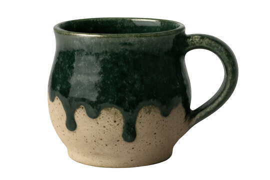 Handmade ceramic mug featuring rustic green drip glaze on speckle stoneware, artisan pottery crafted for beverages, transparent background