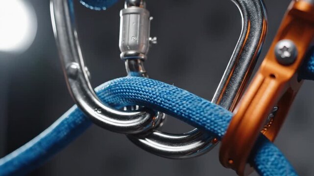 Close Up of Climbing Equipment with Blue Rope Silver Carabiner and Orange Device on Dark Background with Studio Lighting Highlighting Texture and Detail