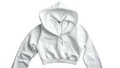 Cropped white hoodie with a pouch pocket and drawstring