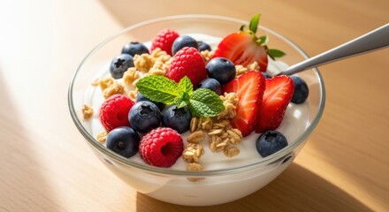 A bowl of yogurt with fresh berries and granola on a wooden table.