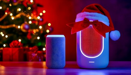 christmas tree decoration,A large smart speaker with a voice assistant in Santa's red hat near the Christmas tree, modern technology, a gift for Christmas and winter birthday