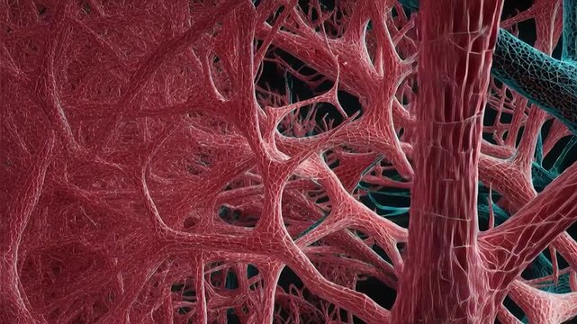 Abstract neuron network neural web synapse biology science anatomy connection mesh fiber organic pattern pulses dark background with red vein network blue artery mesh 3D render and intricate