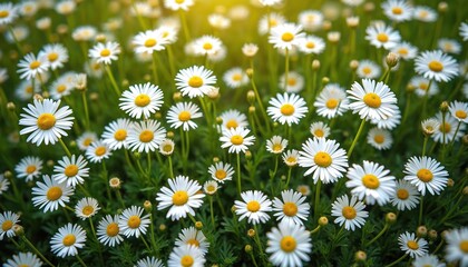 Close up shot shows daisy field. White daisies bloom in summer. Yellow core flowers grow in spring. Green grass surrounds blooms. Natural wildflower meadow beautiful. Floral blossom garden landscape.