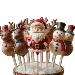 Christmas cake pops featuring Santa reindeer and snowman characters in a festive theme