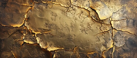 Close-up of a textured gold surface featuring cracked foil patterns and rich metallic highlights, evoking luxury and artistic decay.