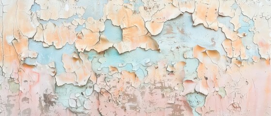 Aged wall surface featuring cracked and peeling paint in soft pastel tones of pink, teal, and cream, creating a textured retro look.