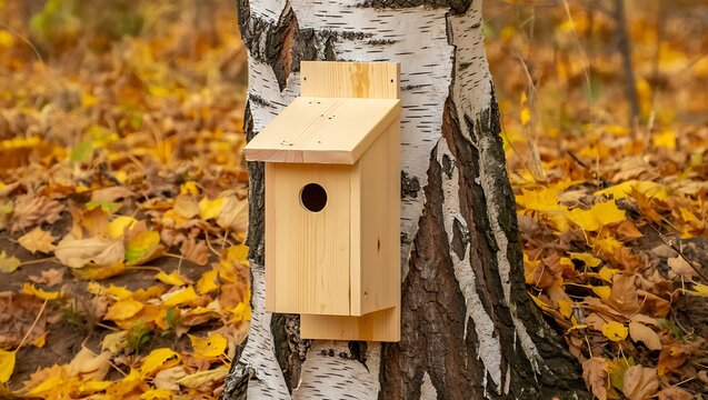 Wooden birdhouse attached to a birch tree in the fall season - Powered by Adobe