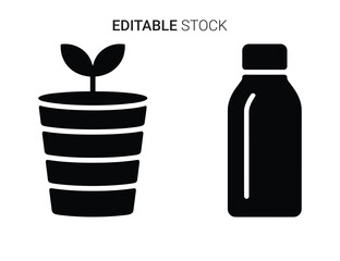Plant sprout in pot and sleek bottle vector glyph icons. nature, health, growth concept.