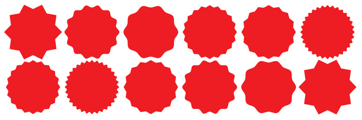 Set of red starburst, sunburst badges, Sale sticker, price tag, starburst icon set , Circle sticker set. Wavy edge promo red badges. Star burst shape tags for price. Red sale tag