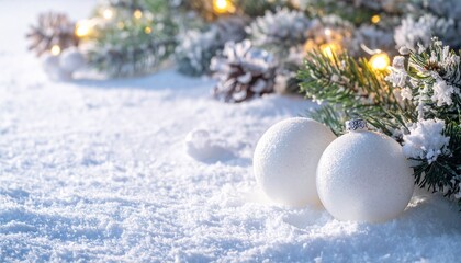 Christmas white decorations on snow with fir tree branches and christmas lights. Winter Decoration Background concept