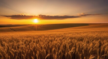 Obraz premium Golden Wheat Field Sunset Warm Horizon Glows Over Bountiful Harvest.