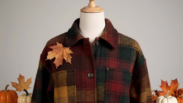 Close Up of Plaid Shirt on Mannequin with Autumn Leaves Decoration on Gray