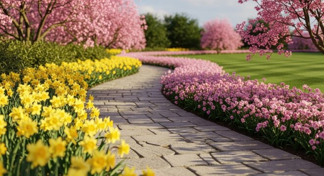 A winding path through a vibrant garden with blooming pink and yellow flowers, leading to a grassy field under a clear blue sky. - Powered by Adobe