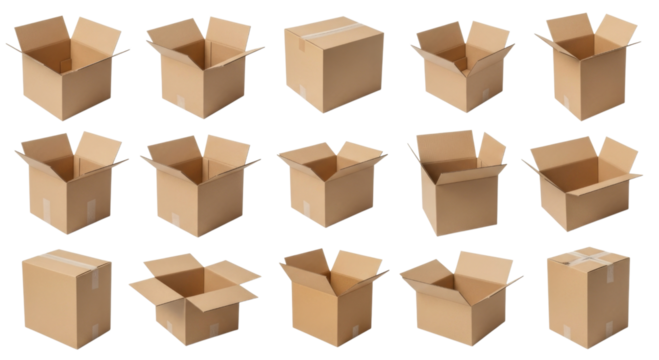 Collection of cardboard boxes transparent background cutout png