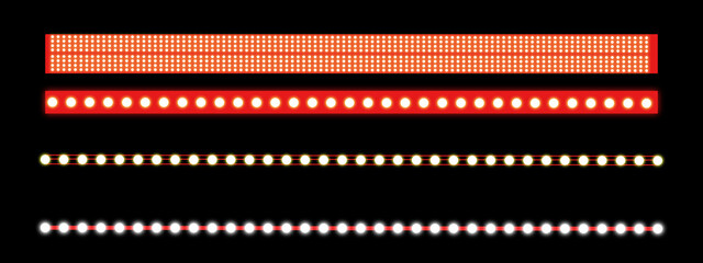 vector illustration of a glowing neon sign, Marquee strip set, red led light ribbons on transparent background. Realistic neon light bulb, vector illustration. vintage marquee borders collection